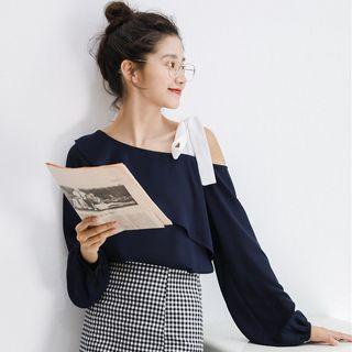 Puff Sleeve Chiffon Blouse Navy Blue - One Size