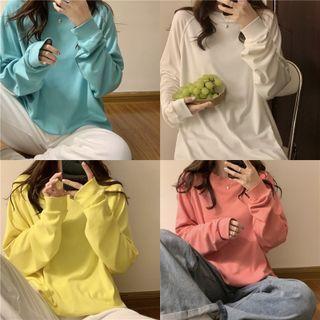 Long-sleeve Round-neck Plain Wide Top