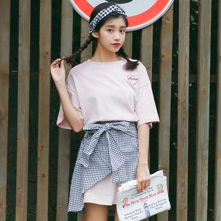 Set: Elbow-sleeve Embroidered Heart Mini T-shirt Dress + Asymmetric Gingham A-line Mini Skirt