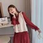 Floral Tie-neck Midi A-line Dress / Knit Vest