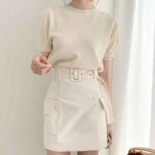 Puff-sleeve Knit Top Top - Almond - One Size