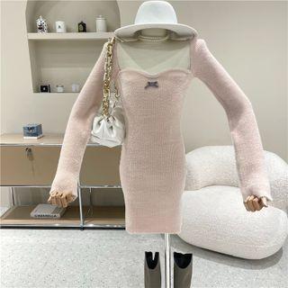Square-neck Ribbed Knit Dress Pink - One Size