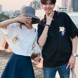 Couple Matching Cartoon Print Elbow-sleeve Polo Shirt