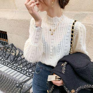 Mock Neck Lace Top Beige - One Size