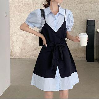 Puff-sleeve Mock Two-piece Shirt Dress