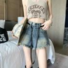 High-waist Frayed Tie-dye Denim Shorts