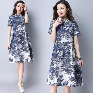 Short Sleeve Printed Linen Cotton Dress