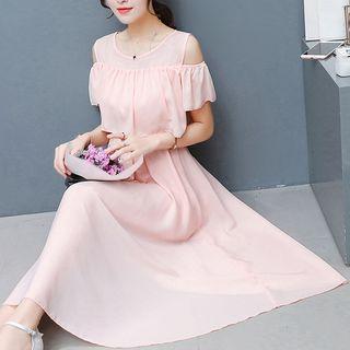 Short-sleeve Cutout Chiffon Midi Dress