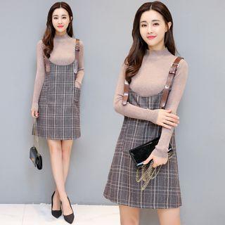 Set: Long Sleeve Mock Neck Plain Top + Suspender Plaid Dress
