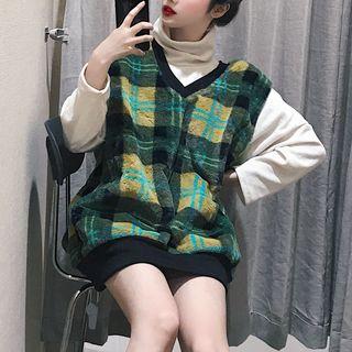 Turtleneck Long-sleeve Top / Plaid Vest