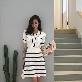 Set: Contrast Trim Short-sleeve Collared Knit Top + Striped A-line Skirt