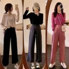 Plain Long-sleeve Loose-fit Top / High-waist Cropped Pants