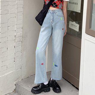 Embroidered Slit Wide-leg Jeans