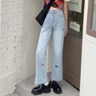 Embroidered Slit Wide-leg Jeans
