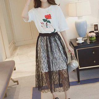 Set: Printed Elbow-sleeve T-shirt Dress + Lace A-line Skirt