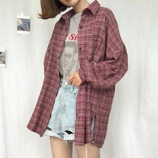Stand-collar Long-sleeved Gingham Blouse