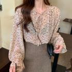 Bell-sleeve Floral Chiffon Blouse As Shown In Figure - One Size