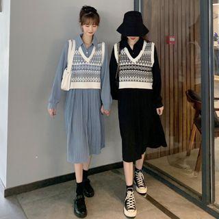 Collared Long-sleeve Pleated Dress / Ethnic Pattern Vest