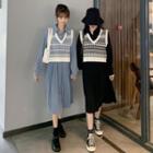 Collared Long-sleeve Pleated Dress / Ethnic Pattern Vest