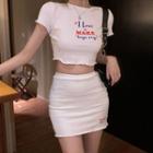 Short-sleeve Lettering Cropped T-shirt / A-line Skirt