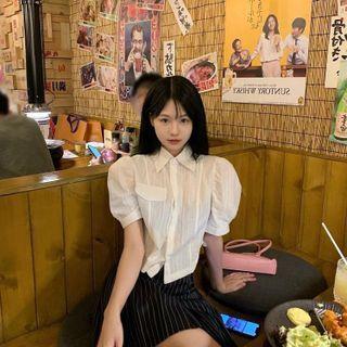 Puff-sleeve Shirt / Pinstriped Mini A-line Skirt
