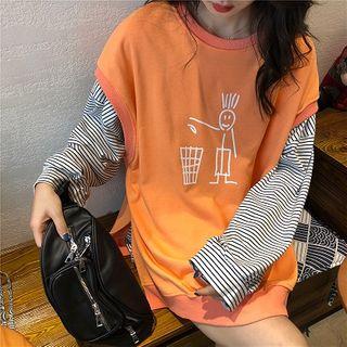Long-sleeve Striped T-shirt / Cartoon Print Vest