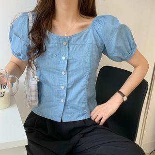 Balloon-sleeve Blouse Light Blue - One Size