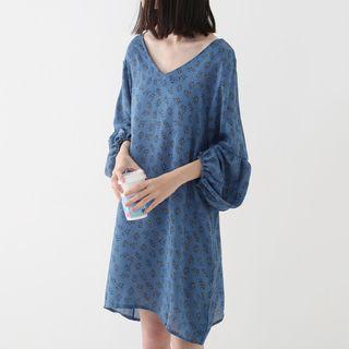 Floral Print V-neck 3/4 Sleeve Chiffon Dress