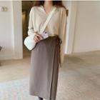 V-neck Collared Knit Top Light Almond - One Size