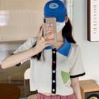 Short-sleeve Polo-neck Color Block Button-up Crop Knit Top