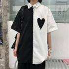 Short-sleeve Heart Print Two-tone Shirt