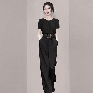 Set: Short-sleeve Crew Neck T-shirt + Wide Leg Pants