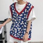 Contrast Trim Floral Knit Vest As Shown In Figure - One Size