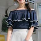 Elbow-sleeve Frilled Blouse Blue - One Size
