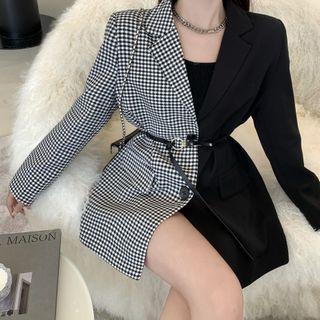 Houndstooth Panel Blazer With Belt