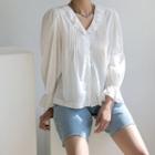 Eyelet-lace Frill-collar Pintuck Blouse White - One Size