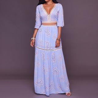 Set: Deep Plunge Printed Elbow-sleeve Top + Maxi Skirt