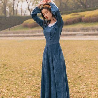 Long-sleeve Beaded Maxi A-line Dress