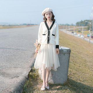 Set: V-neck Cardigan + Midi Mesh Dress