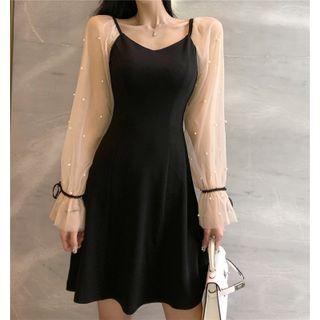 Mesh Long-sleeve Panel Mini A-line Dress