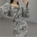 Set: Zebra Print Cropped Jacket + Spaghetti Strap Sheath Dress Set Of 2 - Jacket & Dress - Zebra - White - One Size