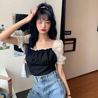 Short-sleeve Lace Panel Blouse / Mini A-line Dress