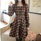 Square-neck Plaid Flare Dress Brown - One Size
