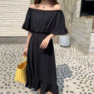 Off-shoulder Ruffle Plain Dress