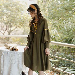 Contrast Trim Tie-neck Midi A-line Dress