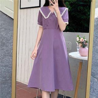 Short-sleeve Wide Collar Lace Trim Midi A-line Dress