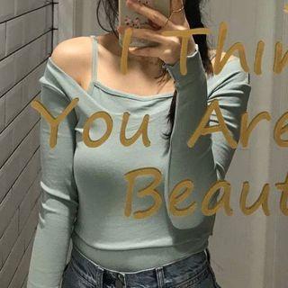 Set: Long-sleeve Plain T-shirt + Camisole Top