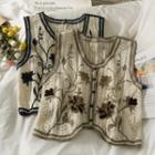 Embroidered Button-up Open-knit Vest