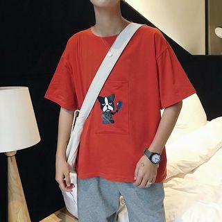 Elbow-sleeve Cartoon Pocket T-shirt