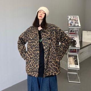 Leopard Print Chain Accent Denim Jacket